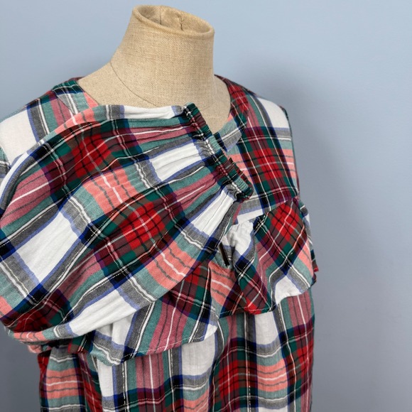 J Crew Women M Red Plaid Metallic Ruffle Keyhole Long Sleeve Blouse Festive Xmas - Picture 5 of 11